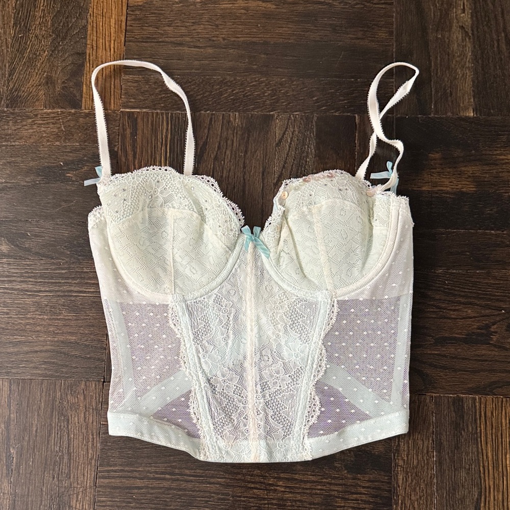Excellent condition Victoria's Secret Lace Bustier in white and Light Blue 34C